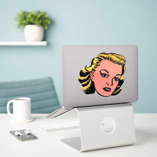 Pegatina Mujer rubia retro (Ordenado portátil  en el escritorio)