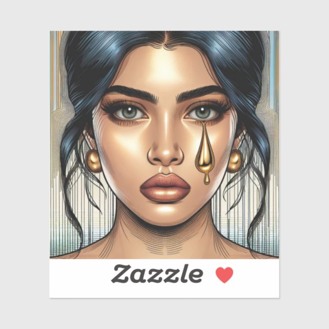 Pegatina Mujer Triste Hermosa con Lágrima de Oro (Hoja)