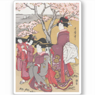 Pegatina Mujeres japonesas y flores de cerezo