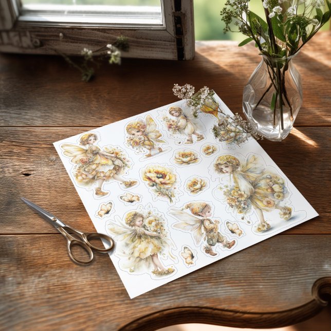 Pegatina Mundo de las Hadas de la Miel Dorada – Llevando Fl (Sticker on the table ready to be used)