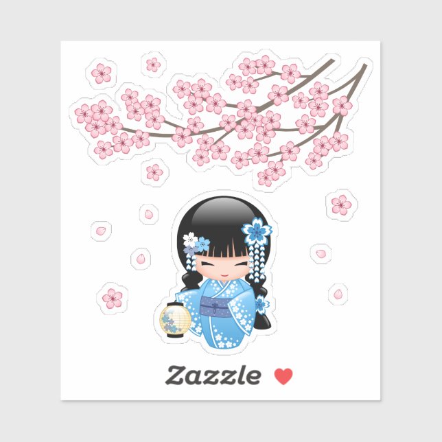 Pegatina Muñeca Kokeshi de invierno - Chica Geisha de Kimon (Hoja)