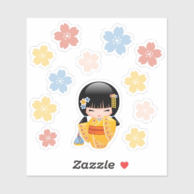 Pegatina Muñeca kokeshi de verano - Chica de kimono kimono (Hoja)