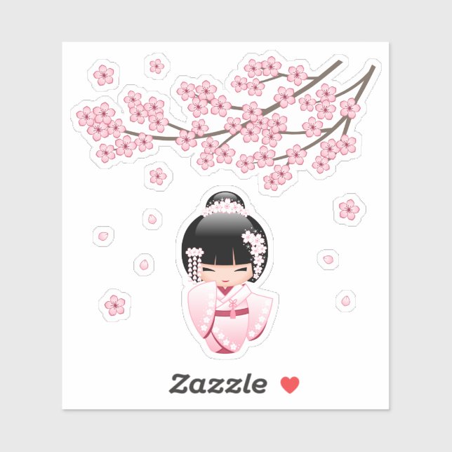 Pegatina Muñeca kokeshi kimono blanca - Chica geisha japoné (Hoja)