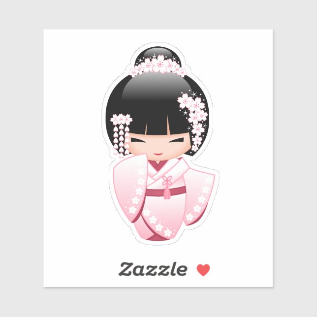 Pegatina Muñeca Kokeshi kimono blanca - Chica Geisha lindo (Hoja)