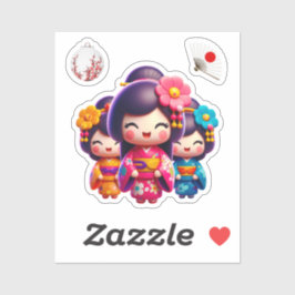 Pegatina Muñeca Kokeshi, tres encantadoras geisha