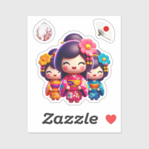 Pegatina Muñeca Kokeshi, tres encantadoras geisha