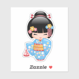 Pegatina Muñeca Maiko Kokeshi - Chica Geisha de Kimono Azul