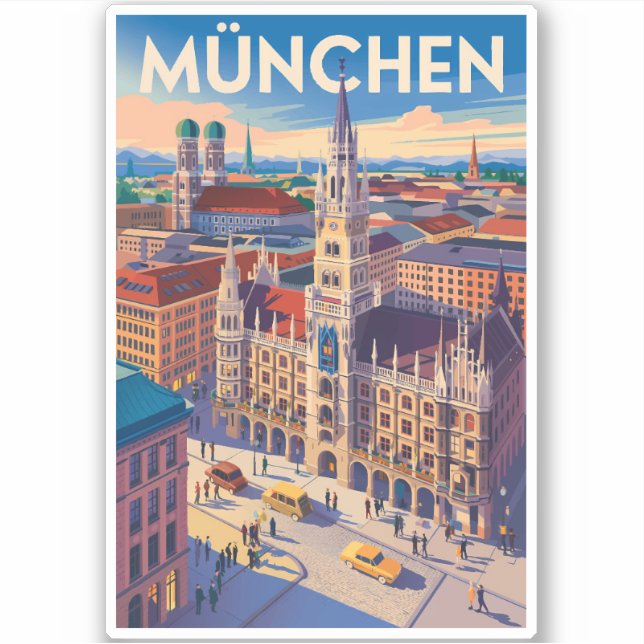 Pegatina Munich Germany Illustration Travel Art Vintage (Anverso)