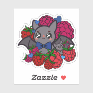 Pegatina Murciélago Kawaii Adorable con Frambuesas Rojas -