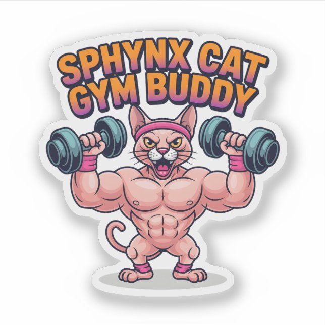 Pegatina Muscular Sphynx Cat Gym Buddy Cartoon (Anverso)