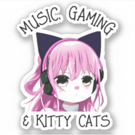 Pegatina Música, juegos y Chica de Anime Gato Gatito Gatito