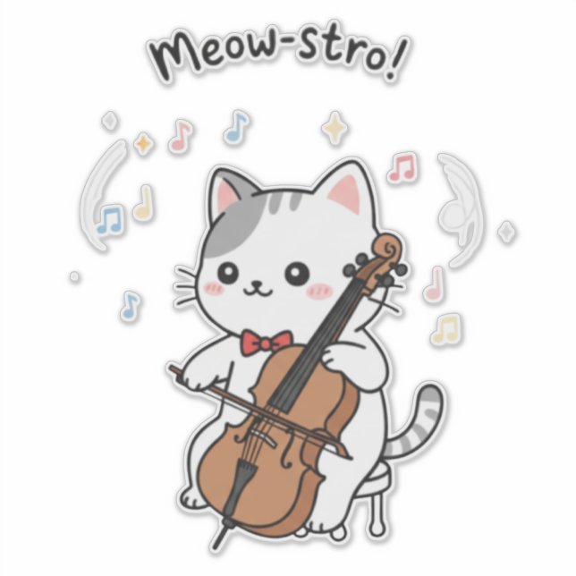 Pegatina Músico de Cello Adorable Gato  (Anverso)