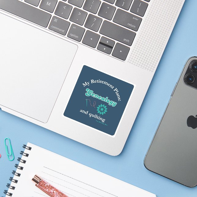 Pegatina My Retirement Plans: Genealogy and Quilting (Ordenado portátil con iPhone)