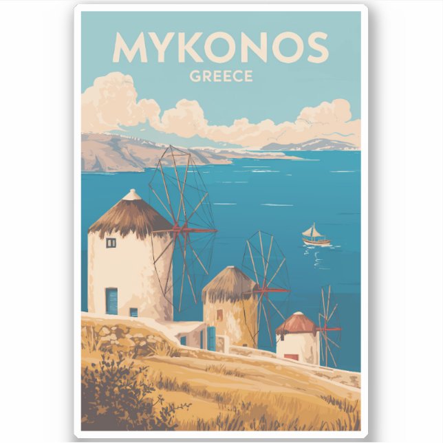 Pegatina Mykonos Greece Illustration Travel Art Vintage (Anverso)