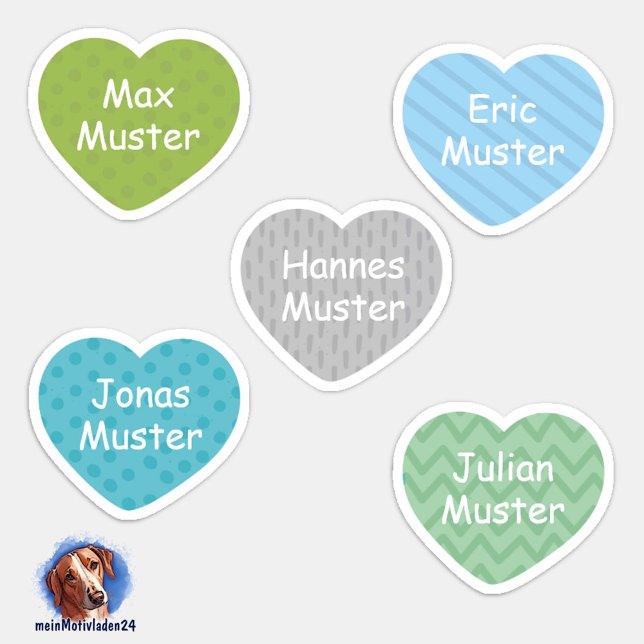 Pegatina Namensaufkleber Kleine Herzen 1 | Form - Aufkleber (Konturgeschnittener Namensaufkleber für Jungs - Kleine Herzen in Pastellfarben - personalisierbar )