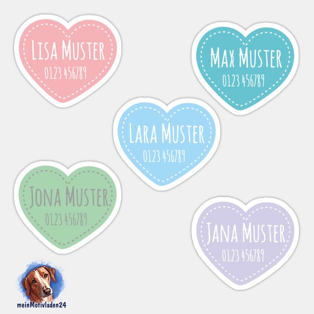 Pegatina Namensaufkleber Kleine Herzen | Form - Aufkleber (Konturgeschnittene Namensaufkleber für Kinder - Kleine Herzen in Pastellfarben - personalisierbar )