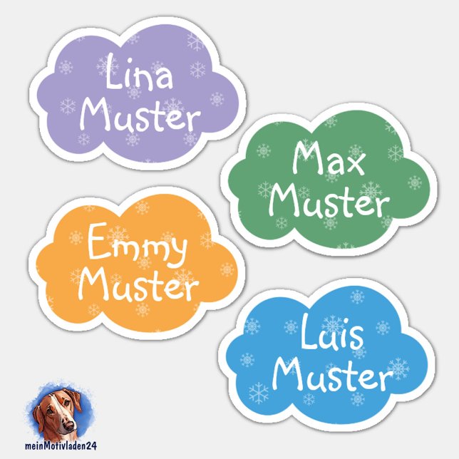 Pegatina Namensaufkleber Kleine Wolken Schneestern | Form - (Konturgeschnittener Namensaufkleber für Kinder - Kleine Wolken in Pastellfarben - personalisierbar )