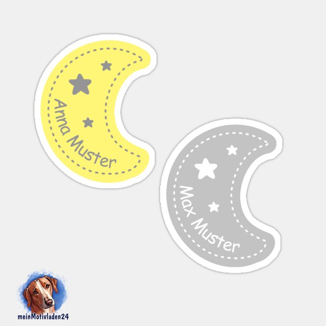 Pegatina Namensaufkleber Kleiner Mond | 24 Form - Aufkleber (Konturgeschnittene Namensaufkleber für Kinder - Kleiner Mond in gelb und grau, personalisierbar )
