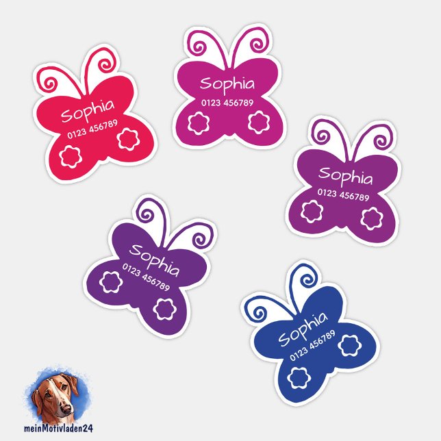 Pegatina Namenssticker Schmetterlinge | 9 Form - Aufkleber (Konturgeschnittener Namensaufkleber für Kinder - bunte Schmetterlinge - personalisierbar )