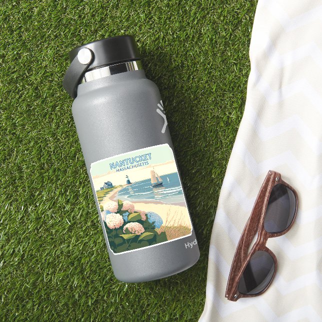 Pegatina Nantucket Beach Hydrangeas Lighthouse Bote Retro (HydroFlask Insitu)