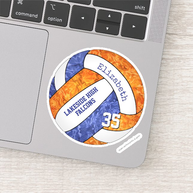 Pegatina naranja azul chicas voleibol con nombre de mascota (Detalle)