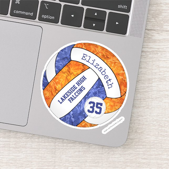 Pegatina naranja azul chicas voleibol con nombre de mascota (Detalle)
