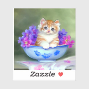 Pegatina Naranja de época y Ilustracion de gatito blanco