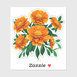 Pegatina Naranja Marigold Bouquet con hojas verdes