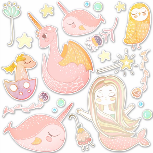 Pegatina Narvales, Sirena, Dragón, Búho, Amigos Mágicos (Anverso)
