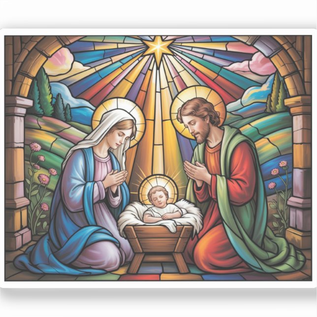 Pegatina Nativity Stained Glass Art – Holy Family Christmas (Anverso)