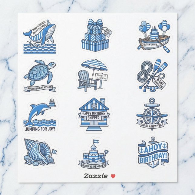 Pegatina Nautical Cabana Sailor Birthday Sticker Sheet Set (Coastal charm for your party.)