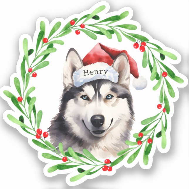 Pegatina Navidad Perro Siberian Husky Santa Hat vacaciones (Anverso)