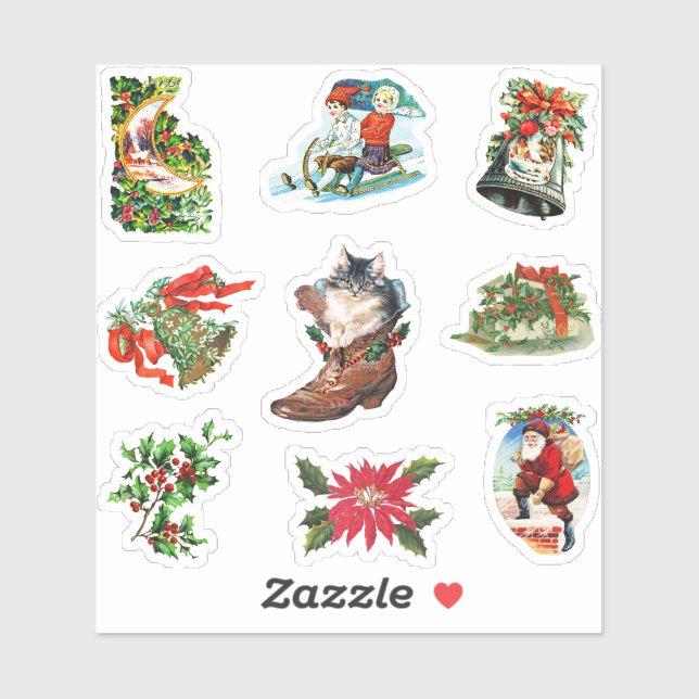 Pegatina Navidad Vintage Victoriana Holly, Campanas, Santa, (Hoja)