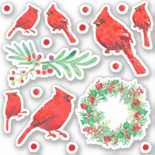 Pegatina Navidades Cardenal Rojo Bird Holly Wreath