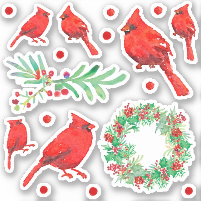Pegatina Navidades Cardenal Rojo Bird Holly Wreath (Anverso)