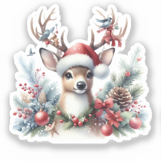 Pegatina Navidades de acuarela reno (Anverso)