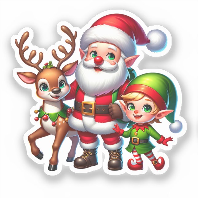 Pegatina Navidades de Cute Chibi Santa, Elf y Reindeer (Anverso)