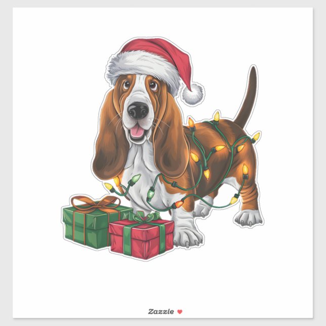 Pegatina Navidades de perras de Santa Hat Basset Hound (Hoja)