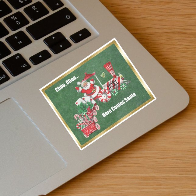 Pegatina Navidades de Santa Cruz Tren la frontera dorada de (Santa Riding Christmas Train Candy canes, letters on green with gold border vinyl sticker.)