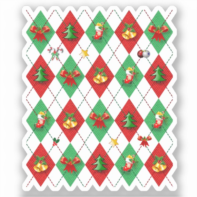 Pegatina Navidades del Patrón Argyle Rojo y Verde (Anverso)