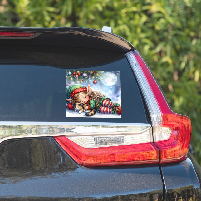 Pegatina Navidades durmientes Elf con Calico Kitten (Lado del coche)
