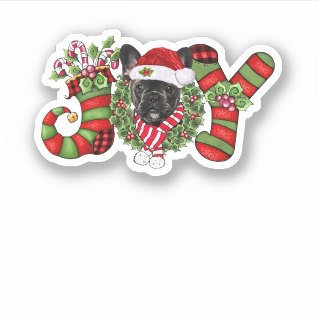 Pegatina Navidades Joy Dwarf Fallando Bulldog francés negro (Anverso)