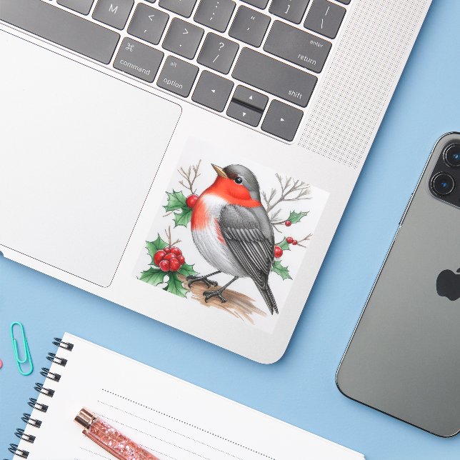 Pegatina Navidades Red Robin Bird (Ordenado portátil con iPhone)