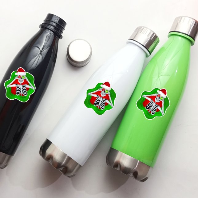 Pegatina Navidades Skeleton Santa Hat Ornamentos Red Verde (Fun skeleton vinyl stickers for Christmas.)