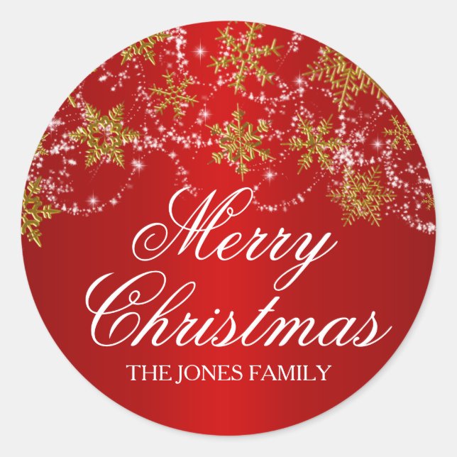 Pegatina navideña de copo de nieve dorado y rojo (Anverso)