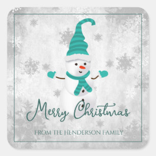 Pegatina navideña verde azulada de Cute Snowman