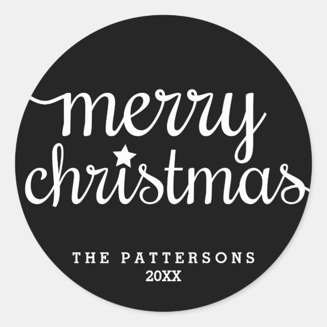 Pegatina navideño de merry blanco negro redondo (Anverso)