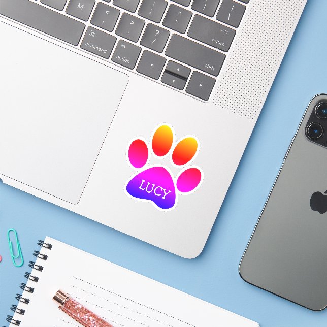 Pegatina Neon Rainbow Dog Paw Print With Name (Ordenado portátil con iPhone)