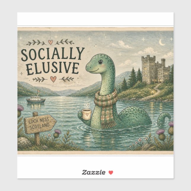 Pegatina Nessie Críptida Acogedora Socialmente Esquiva Loch (Hoja)