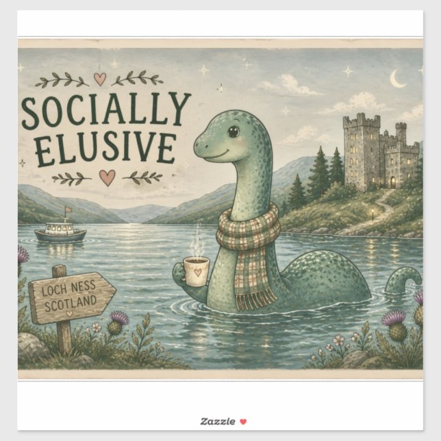 Pegatina Nessie esquiva socialmente críptido acogedor Loch  (Hoja)